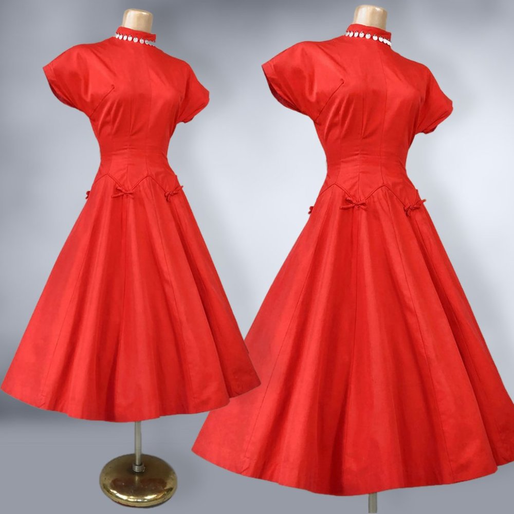 VINTAGE 50s Vibrant Red Full Sweep New Look Party Dress with Mother of Pearl VFG - Picture 4 of 11